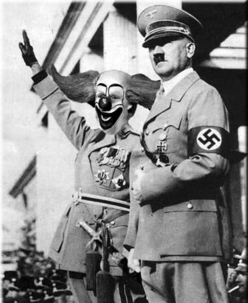 The clown  calling Hitler, OUR FUHRER or sometimes OUR DADDY  saluted the Swastika flag,  the Haile Hitler greeting, and 
celebrated Hitler's 51st birthday by singing praises to him on Sabbath and doing balloon tricks and also playing Bozo's favorite party game called hide the hotdogs, April 20, 1940 ! 